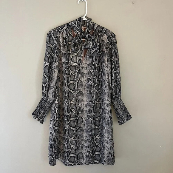Rebecca Taylor Womens Black Gray Shift Dress 2 Long Sleeve Tie Neck Snake Print - Picture 5 of 13